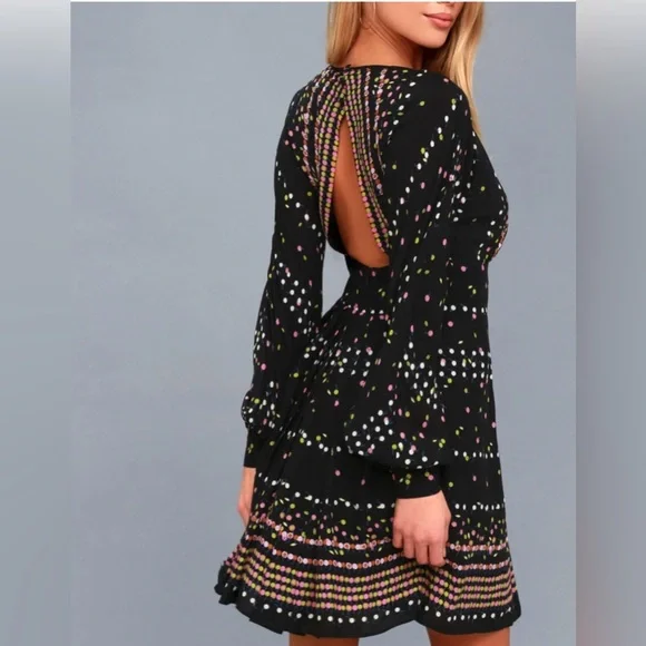 Free People Coryn Mini Dress Black Printed Open Back Long Sleeve Size 2 - Picture 5 of 15